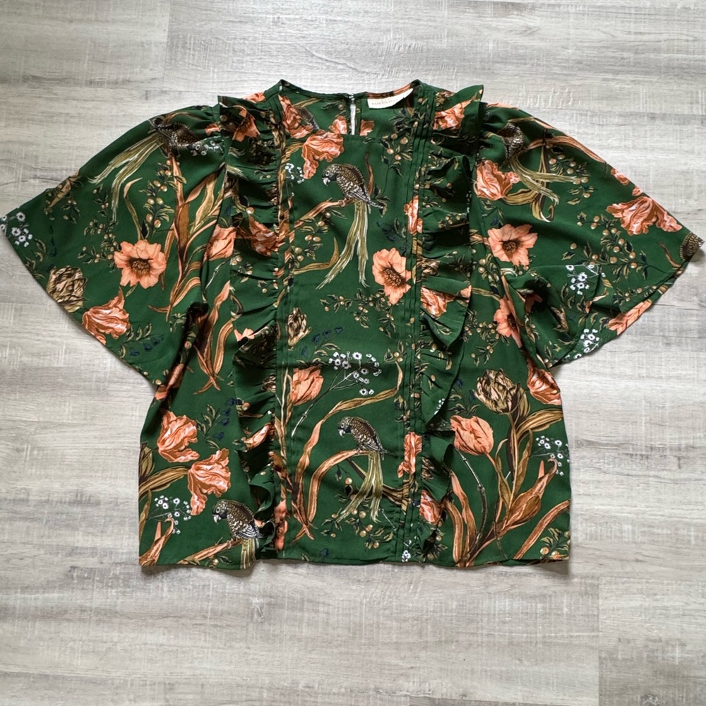 Green Floral Ruffle Short Sleeve Blouse